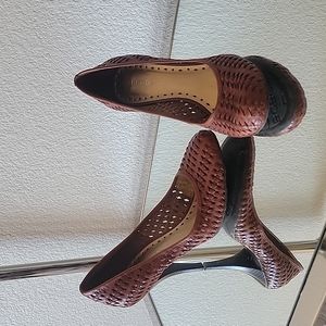 BCBGirls stilettos, size 7.5, leather weaved, cognac.